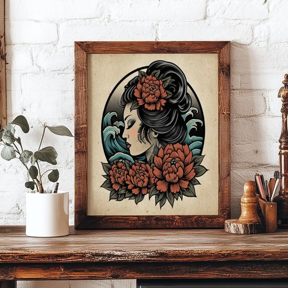 Vintage Tattoo Geisha- Classic Portrait Wall Decor, Japanese Ukiyo-e Wall Art - Picture 3 of 5